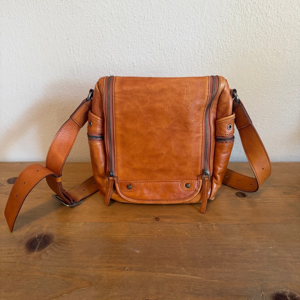 Cognac Leather Crossbody Bag Vintage Style Flap Messenger Brown Striped Lining